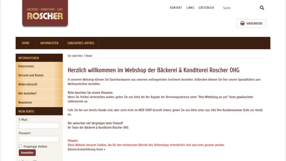 Aktuelle Website von Bäckerei & Konditorei Roscher
