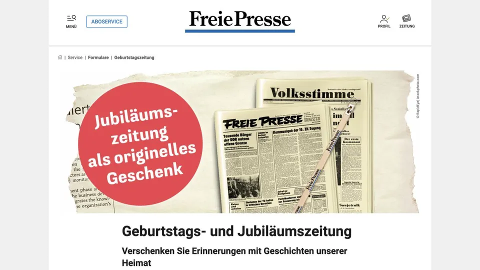 Aktuelle Website von Freie Presse – Geschenkzeitungen
