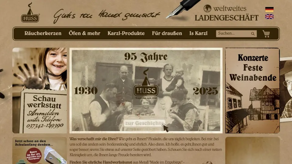 Aktuelle Website von HUSS Räucherkerzen