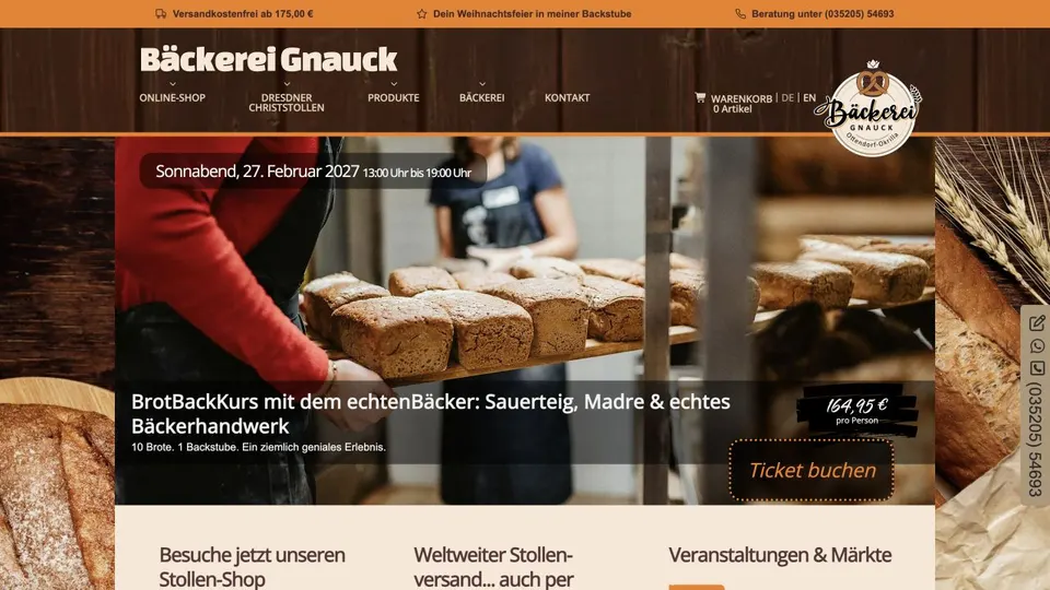 Aktuelle Website von Bäckerei Gnauck